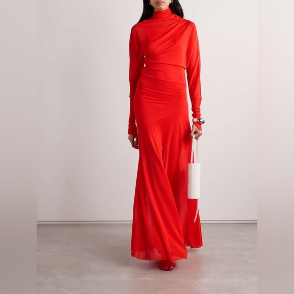 Proenza Schouler Paula Draped Jersey Turtleneck Maxi Dress Red Sheer Sz 12 - Picture 8 of 17